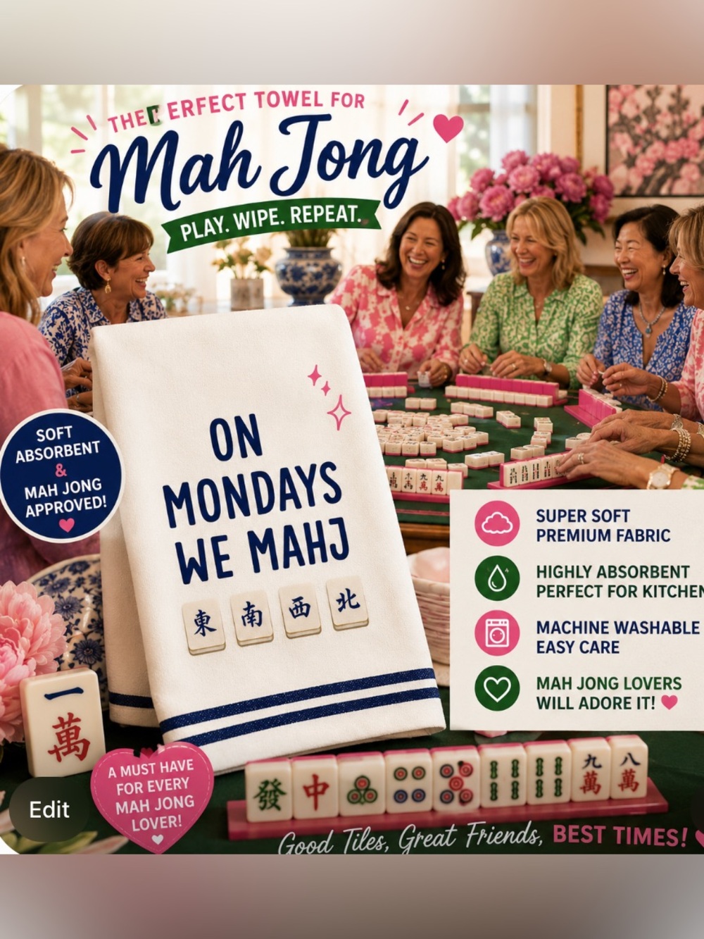 Kitchen Dish towel: "ON MONDAYS WE MAHJ" Navy Print on White new